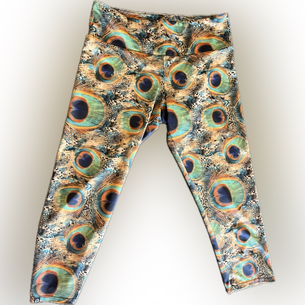 Onzie Multicolor Peacock Feather Pattern Leggings / Yoga Pants | Size M/L
